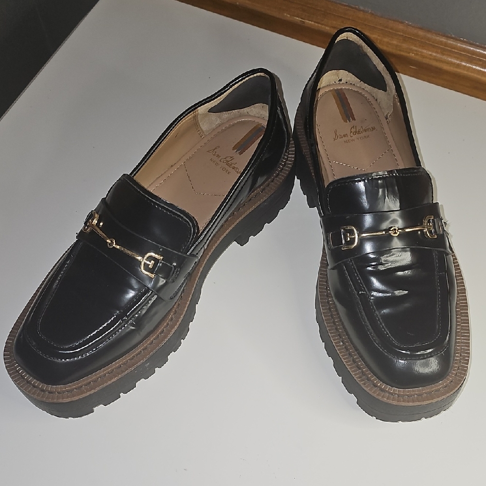 Sam Edelman New York Glossy Black Loafers with Gold Accent